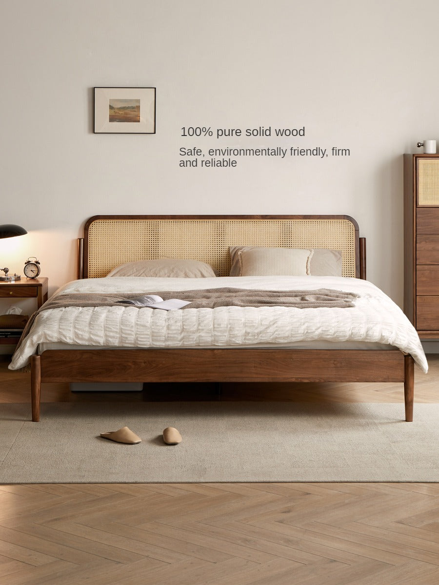 North American Black Walnut Solid wood rattan bed_)