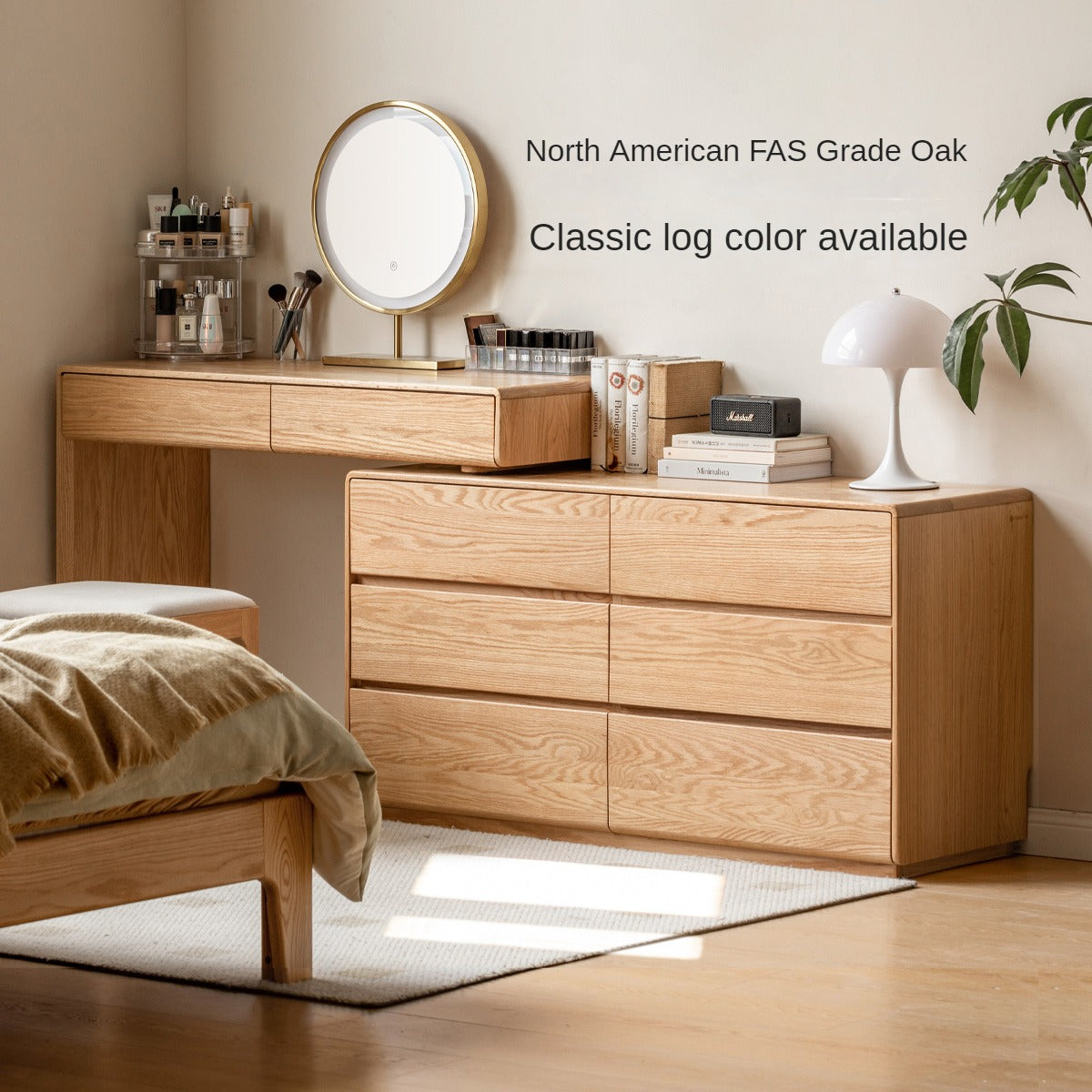 Oak Solid Wood Retro Style Retractable Dressing Table