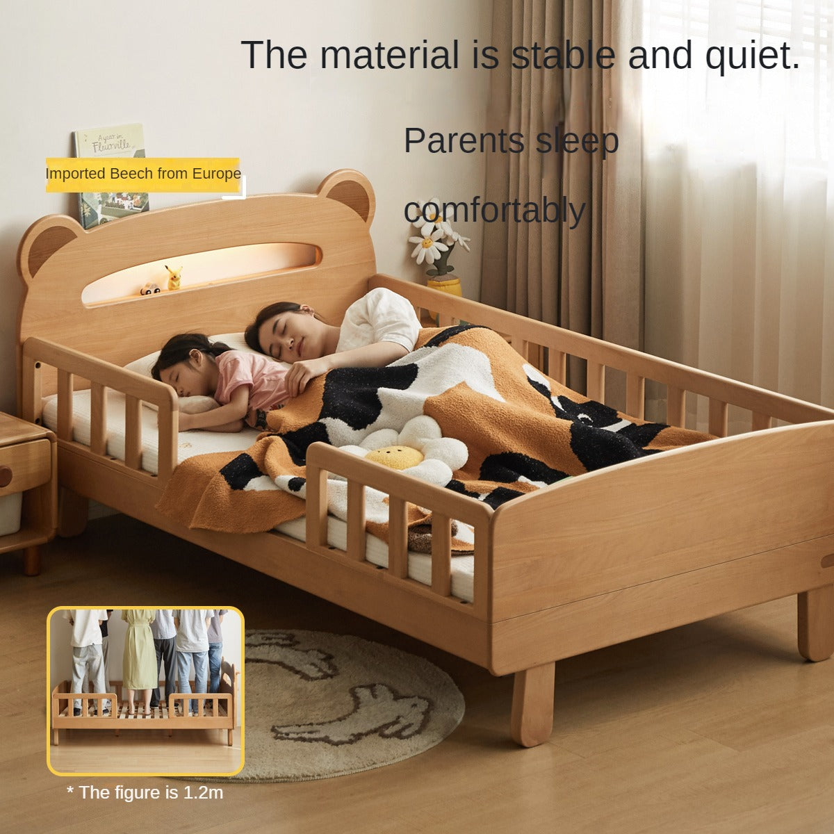 Beech solid wood children's guardrail bed with light