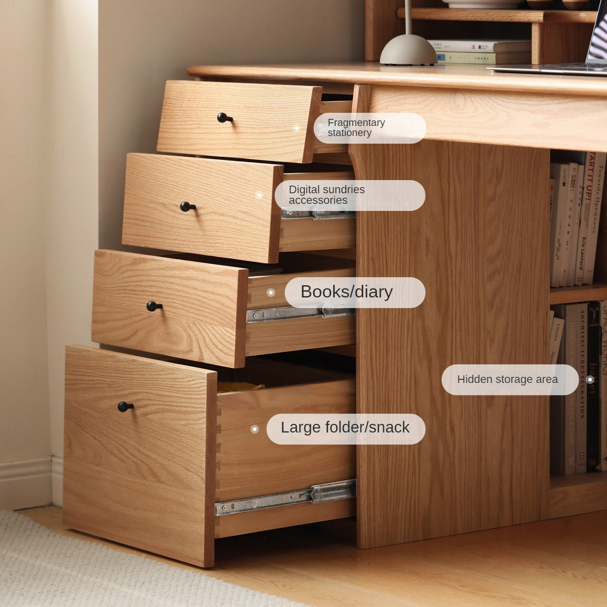 Oak solid wood desk bookshelf integrated Warm light-