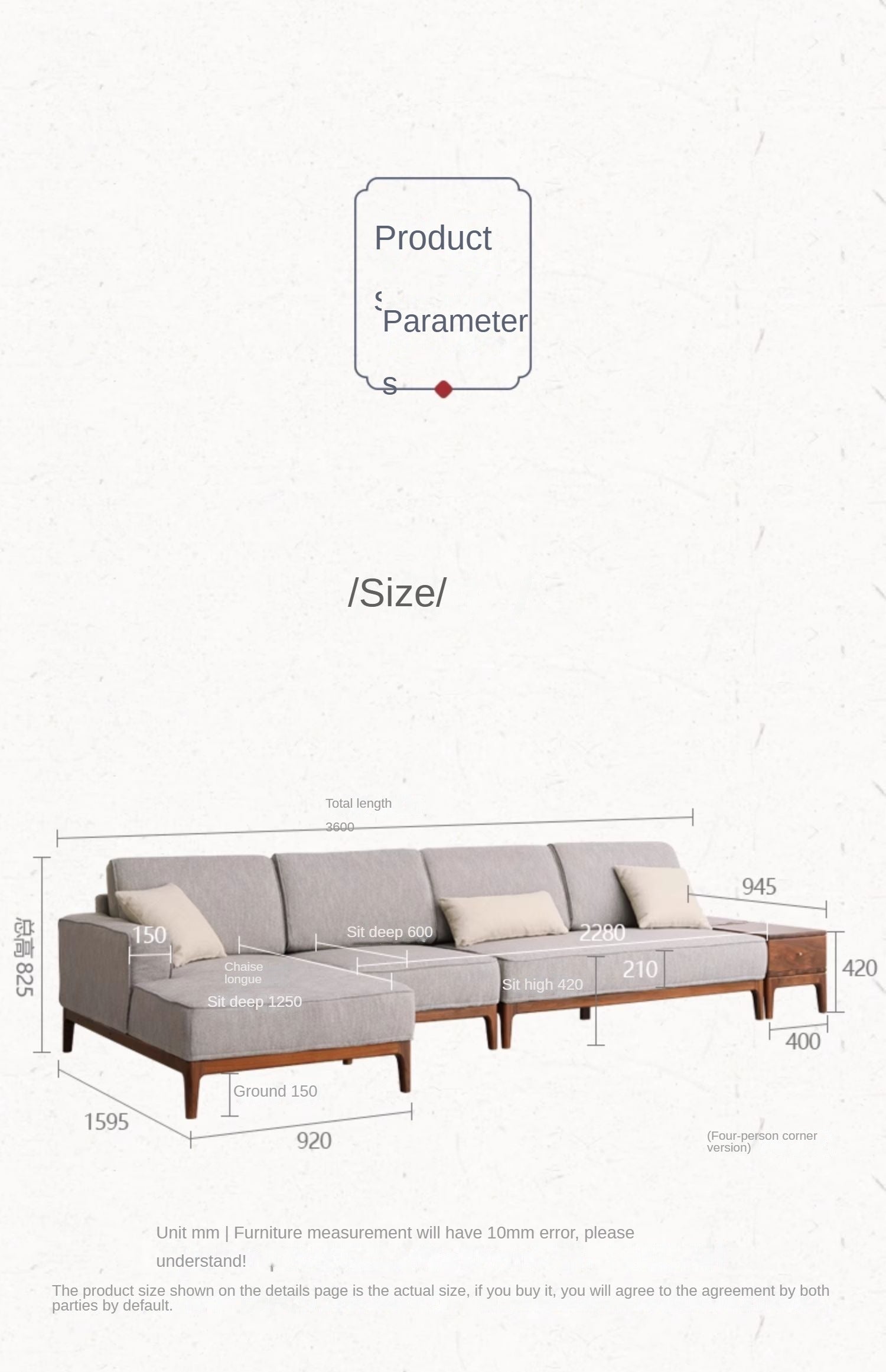 Black Walnut, Ash Solid Wood Fabric Chaise Longue Sofa