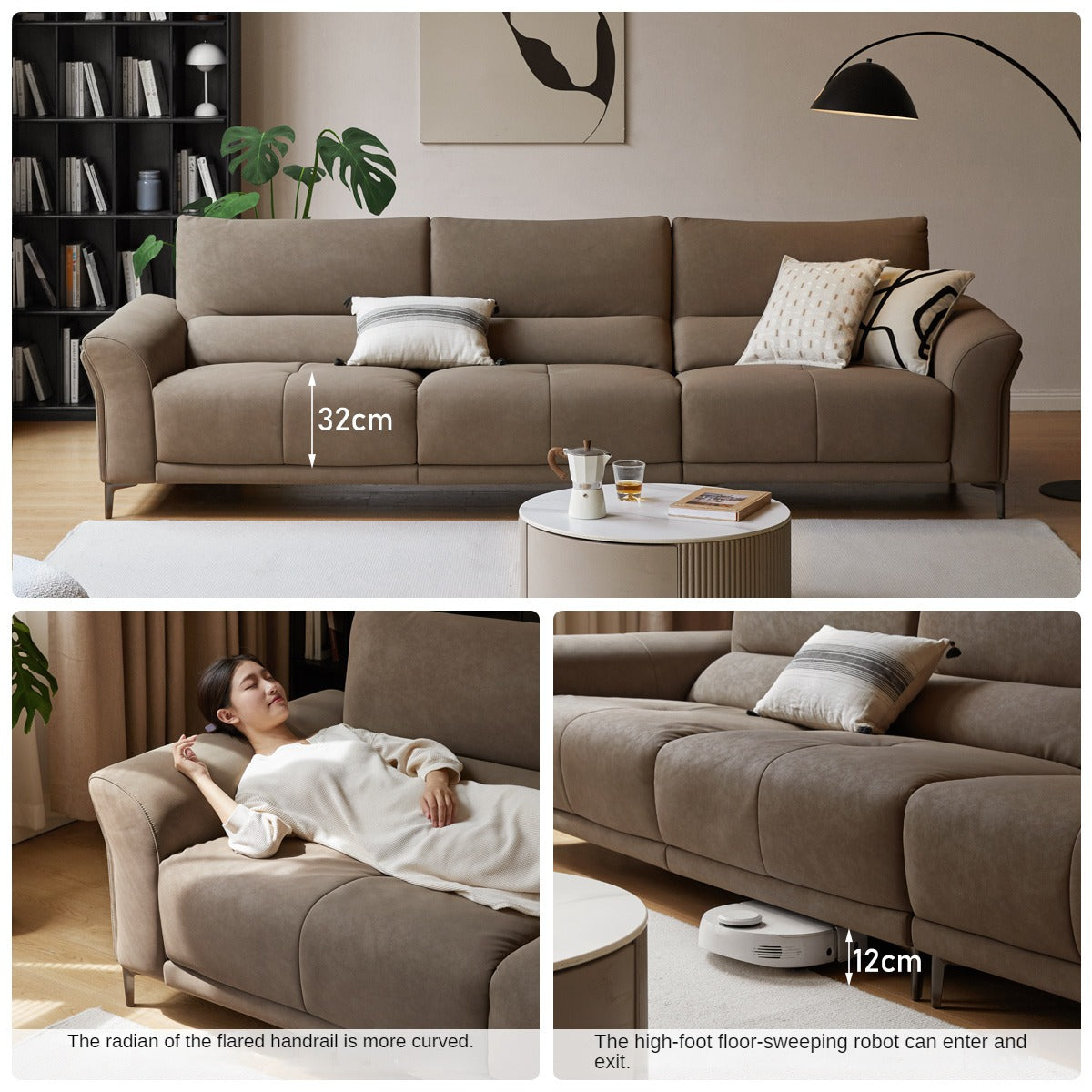 Fabric Italian Minimalist Three-seater High-legged Straight Sofa