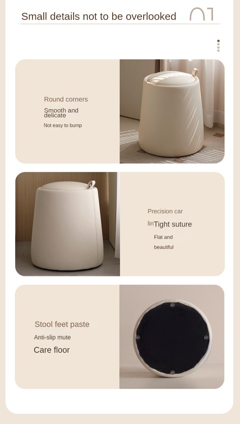 Organic Leather Makeup Stool Cream Round Style