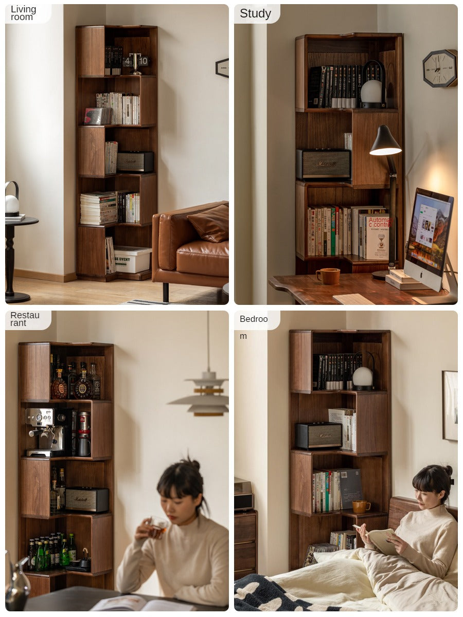 Black walnut solid wood corner storage bookcase<