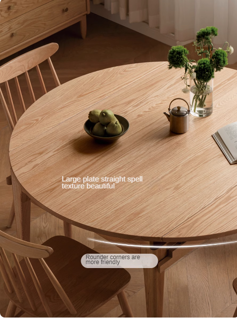 Oak solid wood folding round retractable dining table