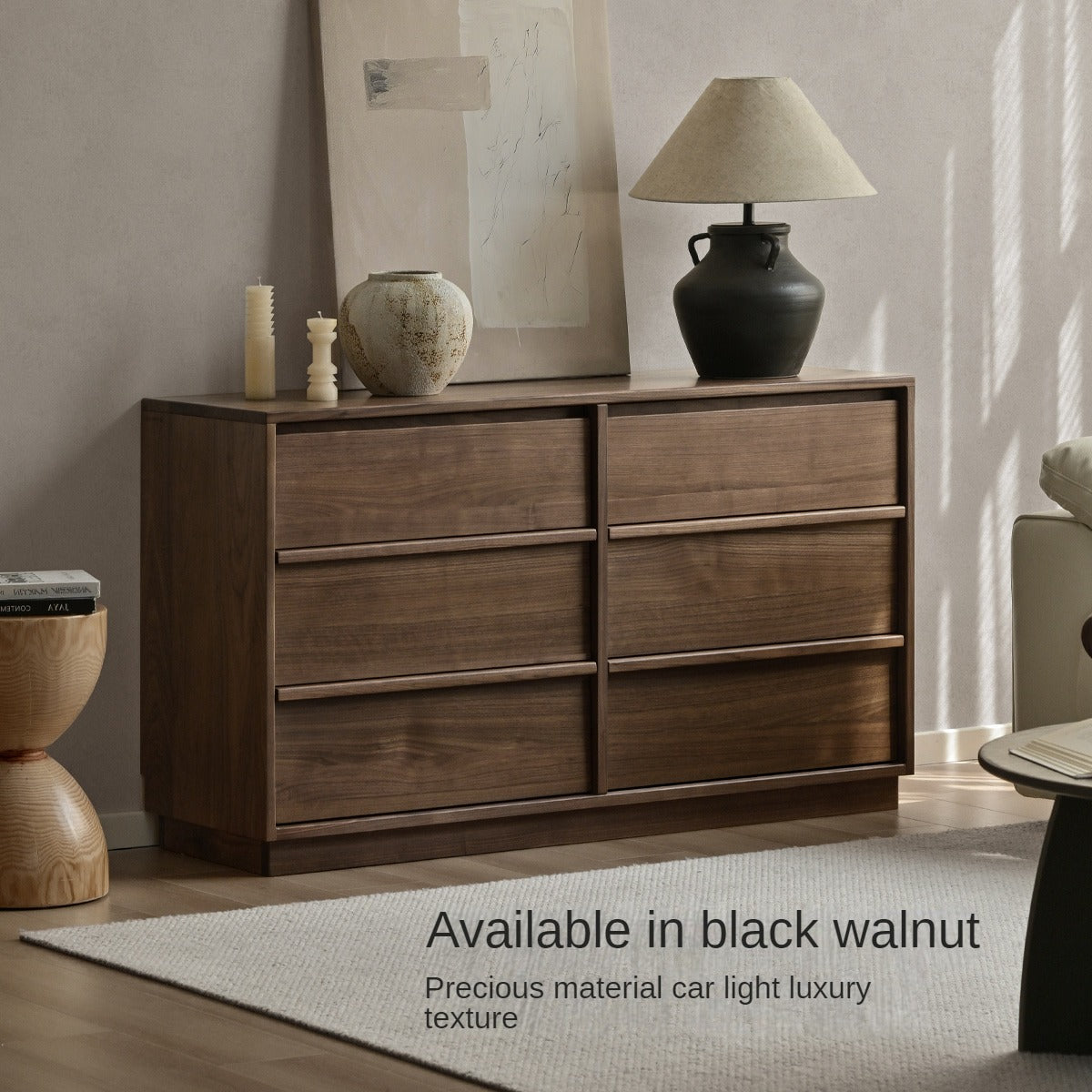 Oak Solid Wood Black Storage Six Drawers Cabinet