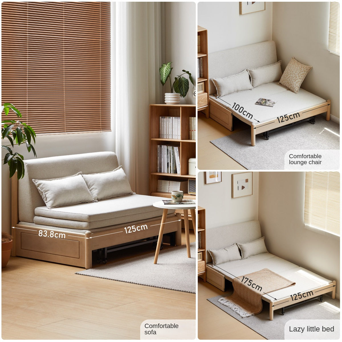 Birch solid wood sofa bed foldable sofa retractable bed