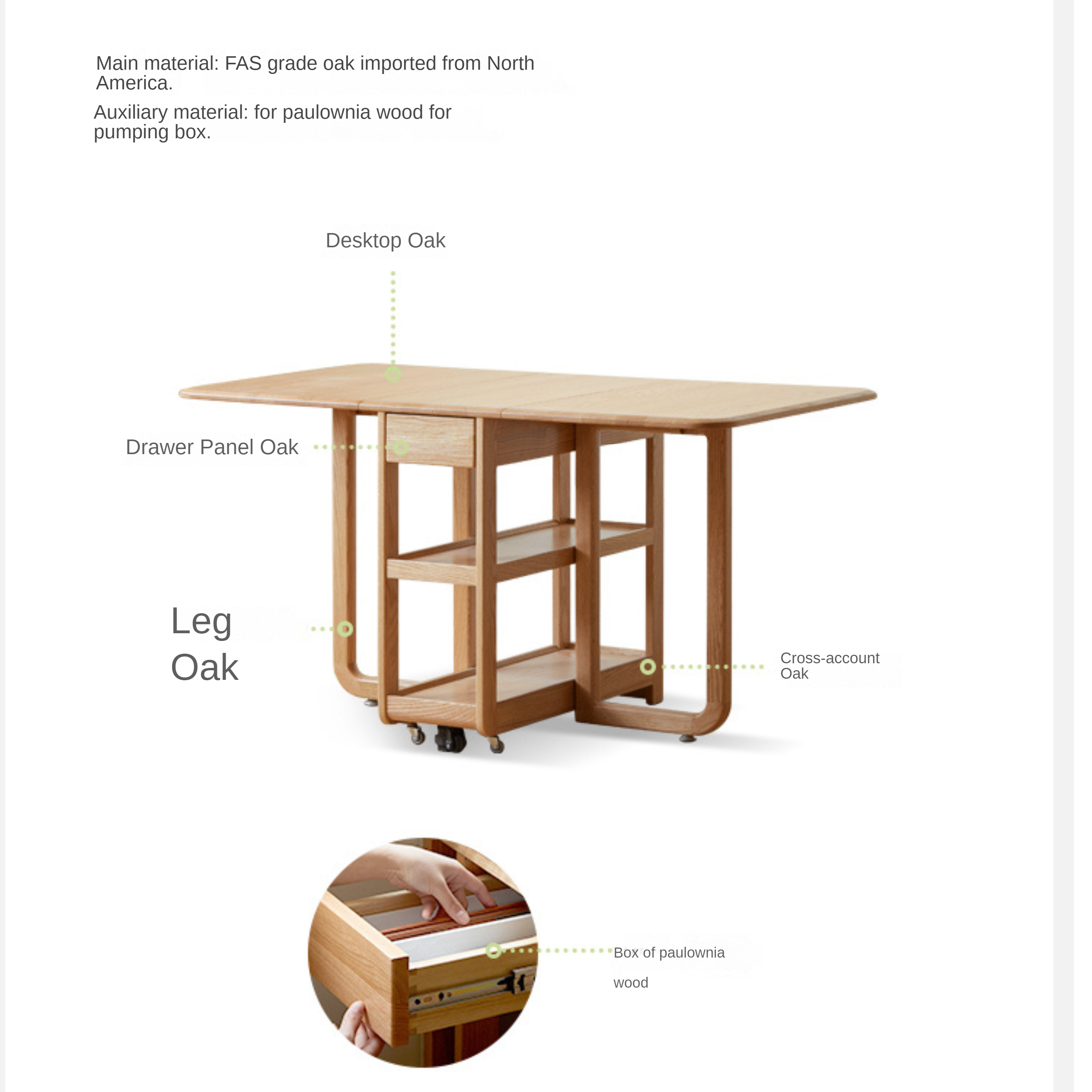 Oak Solid wood folding multi-functional storage telescopic dining table ,