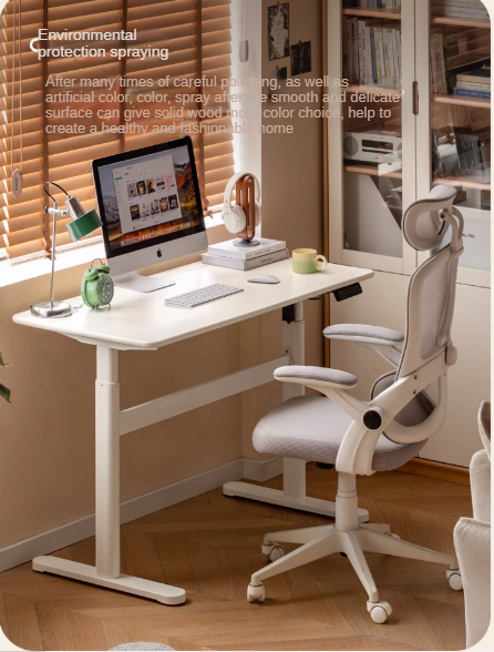 Poplar Solid Wood White Cream Style Electric Lift Desk