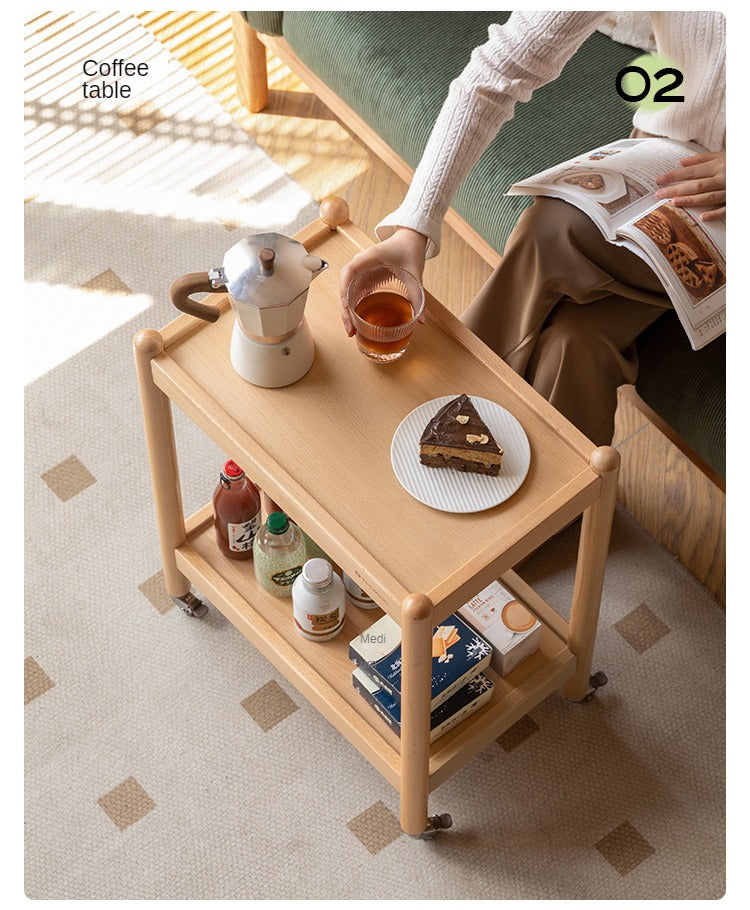 Beech Solid Wood Mobile Modern Double Layer Storage Side Table