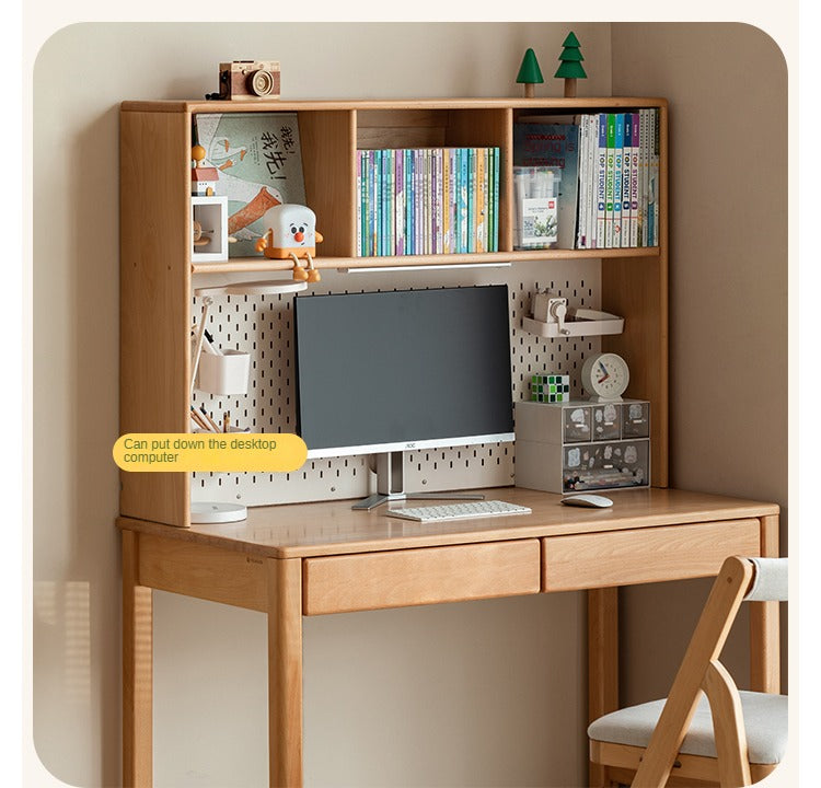 Beech, Oak Solid Wood Study Desk with Shelf