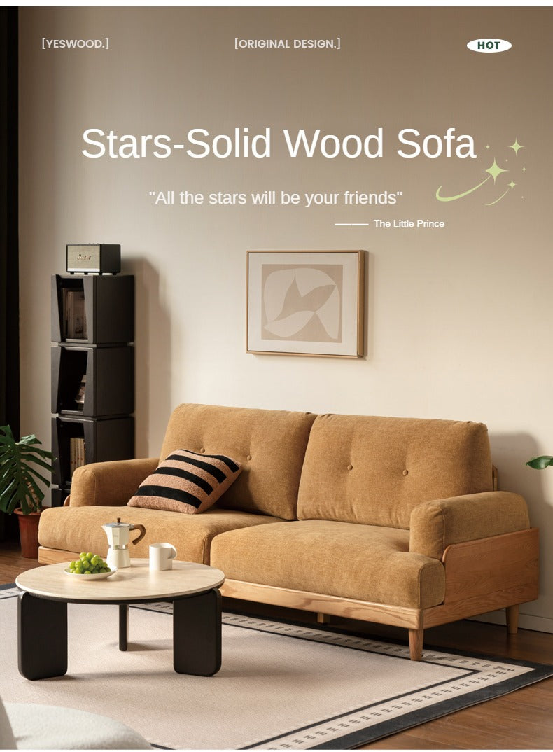 Oak Solid Wood Leather, Fabric High Back Sofa