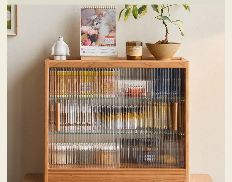 Cherry Solid Wood Glass Sliding Door Storage Cabinet,