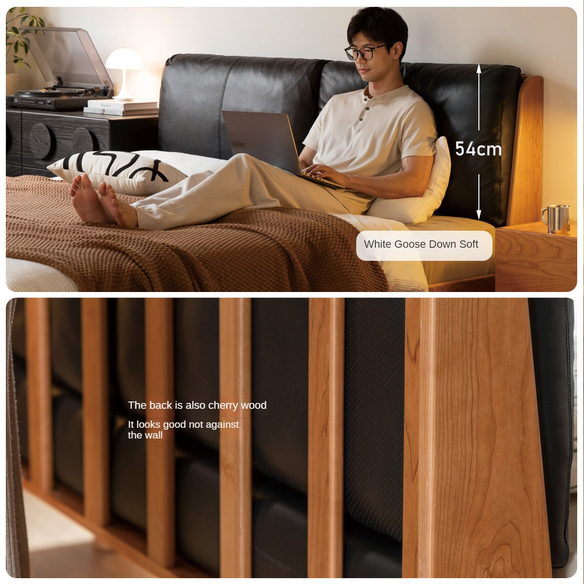 Cherry solid wood leather soft suspended bed<