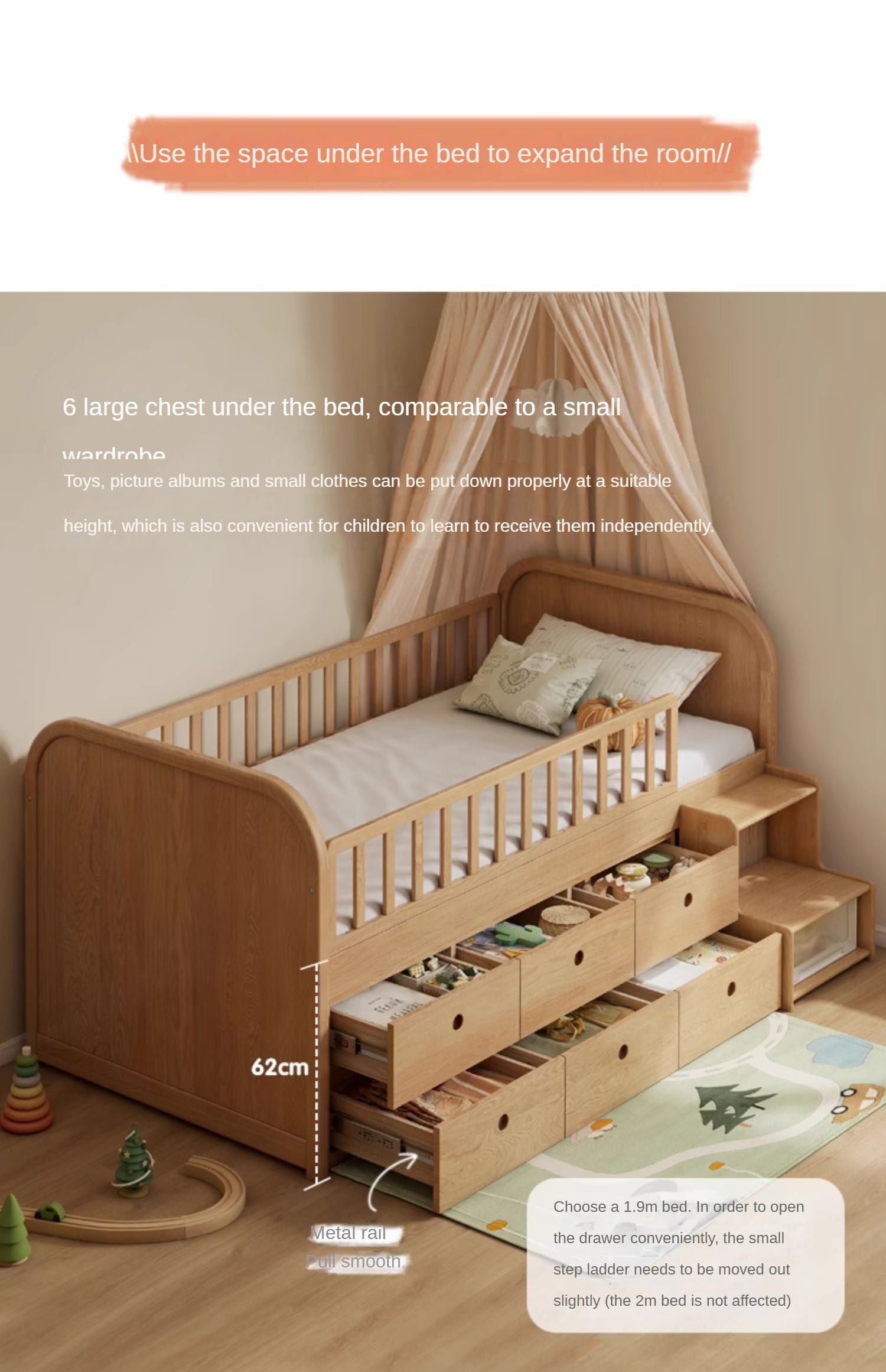 Oak solid wood Multi-function wide storage box bed<