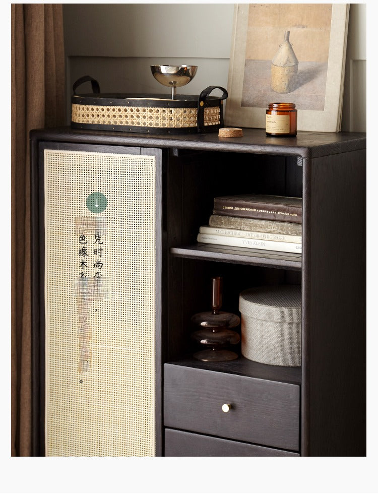 Oak Solid Wood rattan black Side Cabinet -