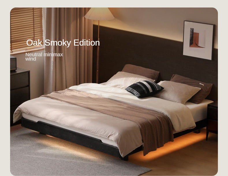 Oak Solid wood modern platform bed, headboard-free suspended bed with light