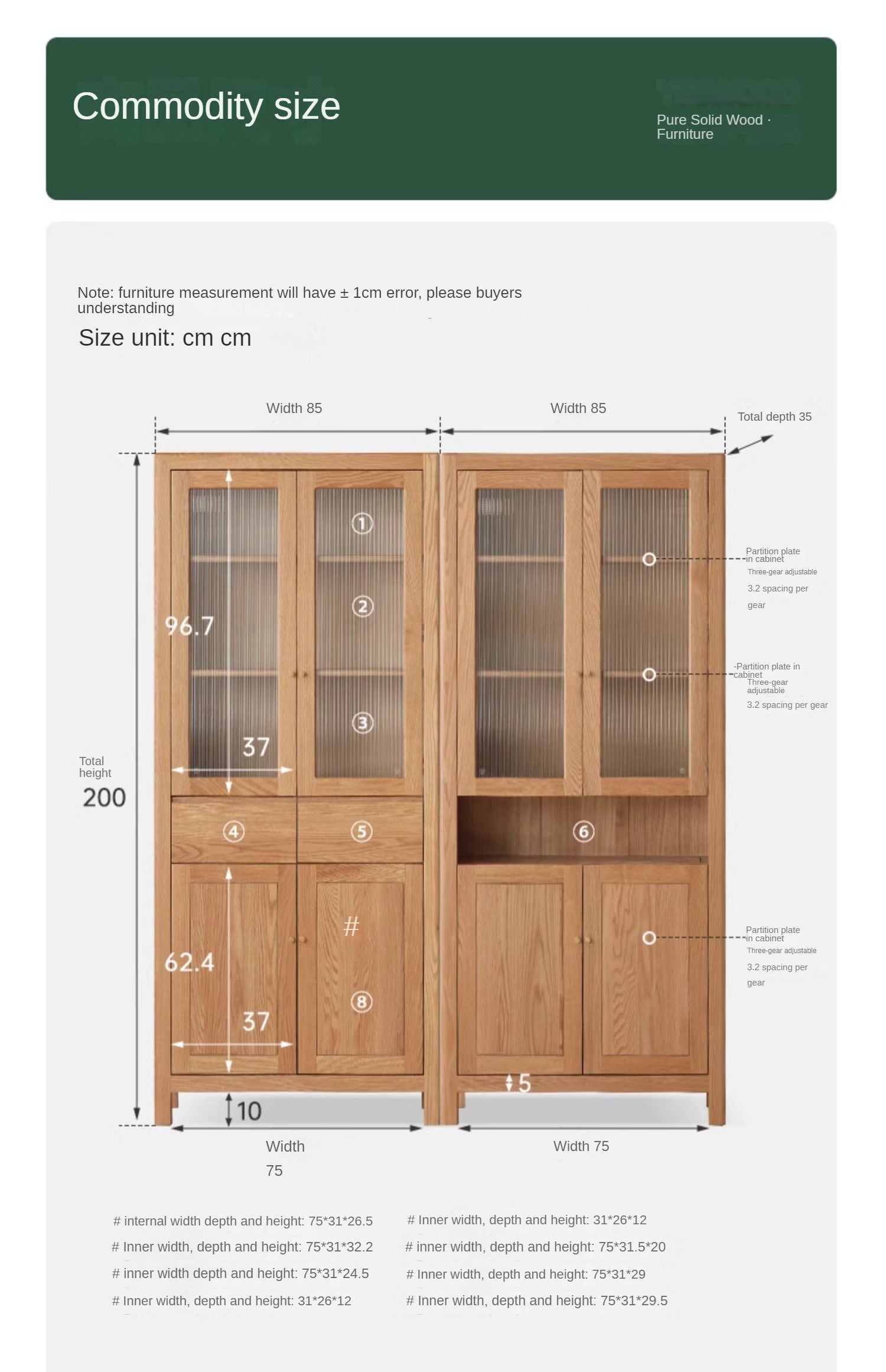 Oak solid wood bookcase with glass door