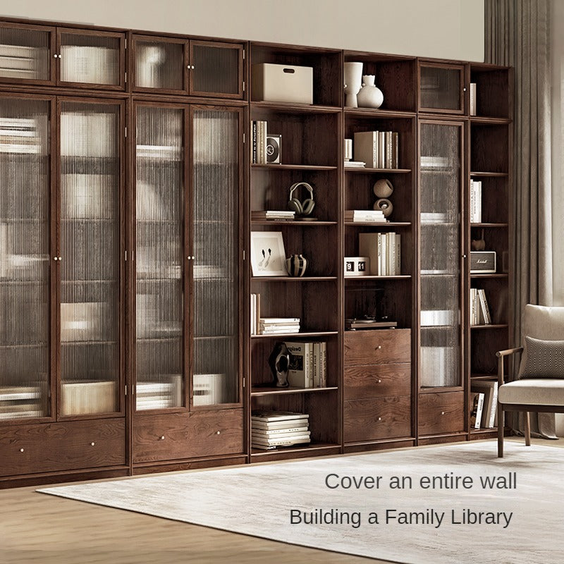 Oak Walnut solid wood cdust-proof glass door wall floor-to-ceiling bookshelf<