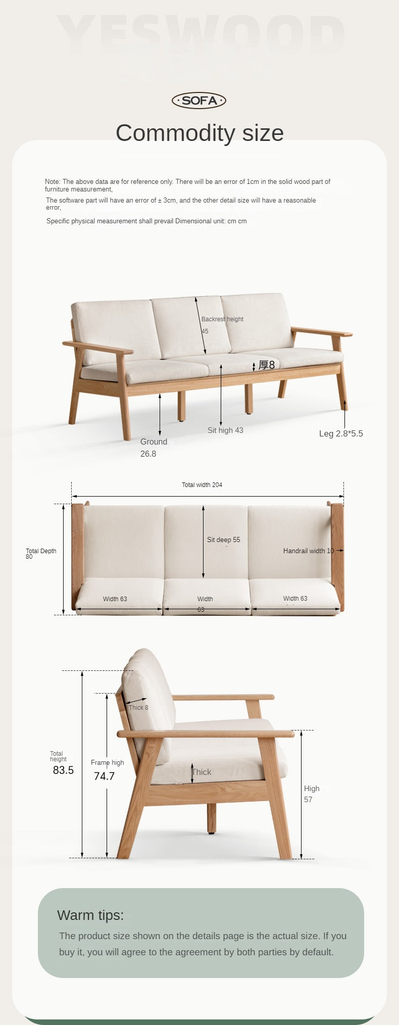 Oak, Pine Solid Wood Japanese-style Three-person Fabric Sofa