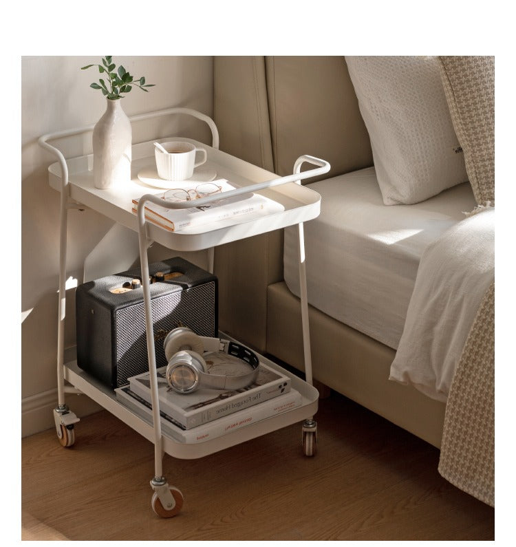 Double Layer Storage Mobile Side Table White Trolley