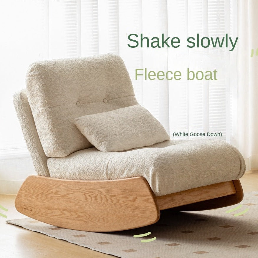 Oak Solid Wood Sheep Velvet-Cloud Cotton White Rocking Lazy Sofa Leisure Chair)