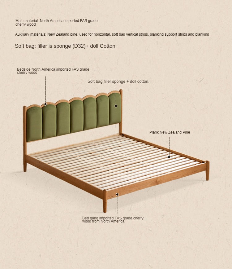 Cherry Solid Wood Soft Bed Retro