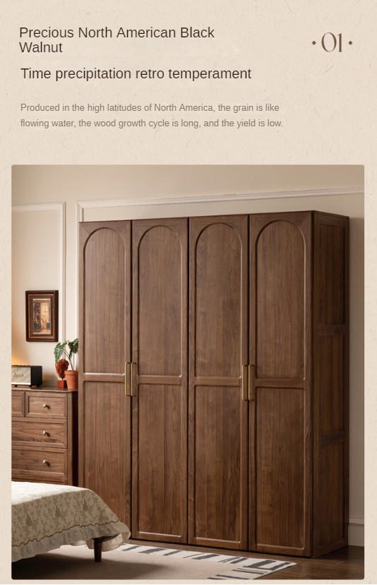 Black Walnut, Sandalwood Solid Wood French Wardrobe