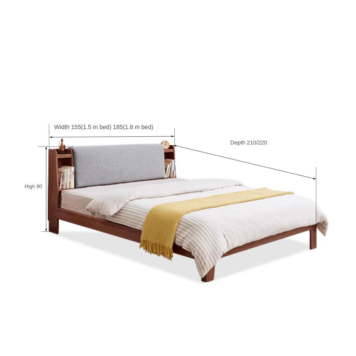 Oak Solid wood luminous bed with shelf genuine leather, technical fabric_)