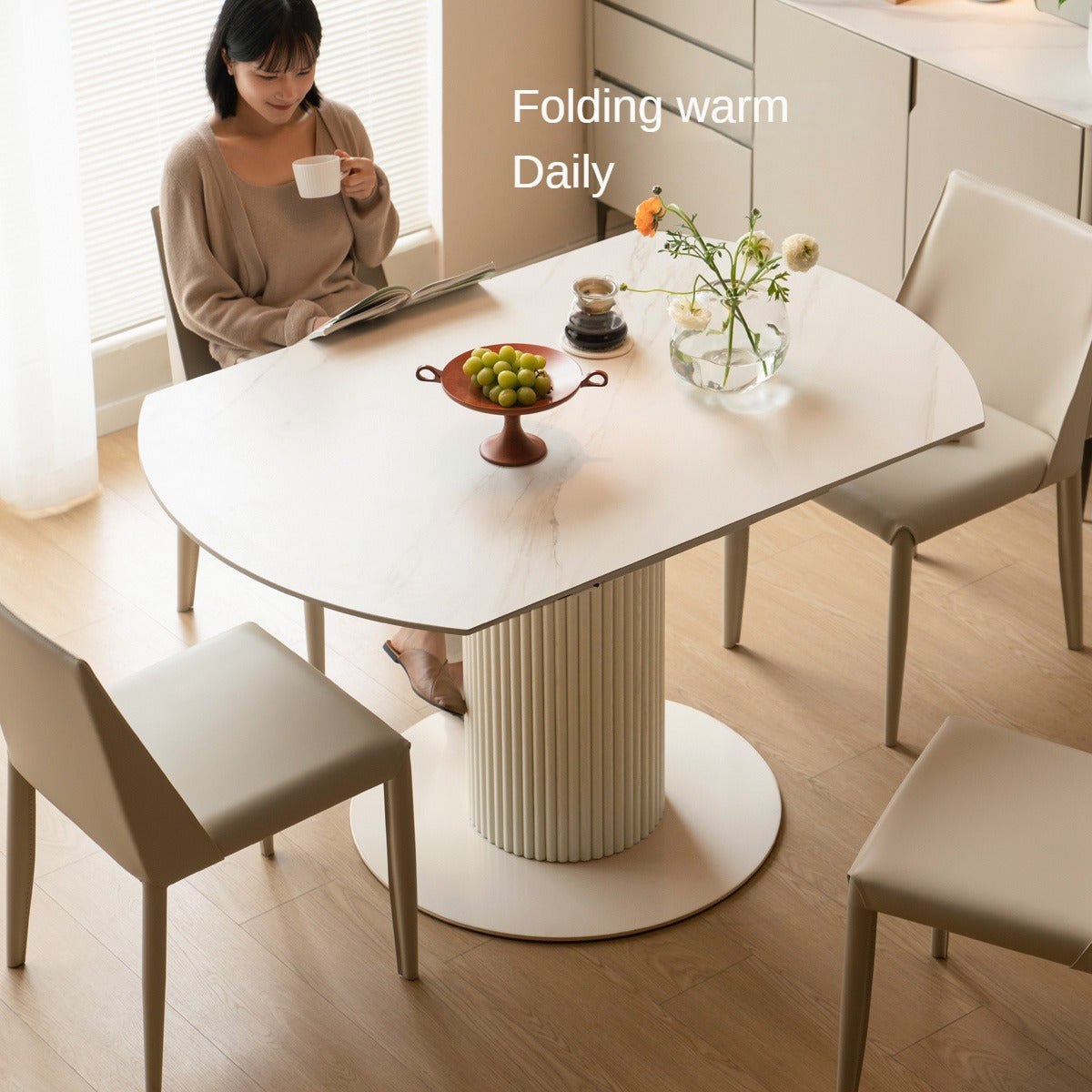 Oak Solid Wood Rock Plate Round retractable dining Table Cream,