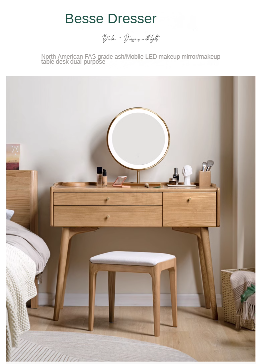 Ash wood dressing table LED makeup mirror