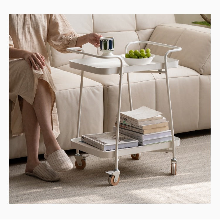 Double Layer Storage Mobile Side Table White Trolley