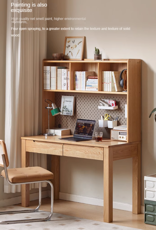 Oak Solid Wood Desk Bookshelf Integrated Simple Writing Desk