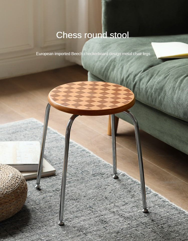 Beech Solid Wood Chessboard Checkered Round Stool High Feet Bar Stool "