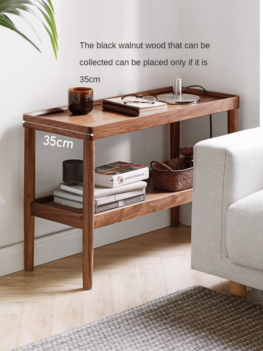 Black Walnut Solid Wood Side Table, Double Layer Storage Shelf-