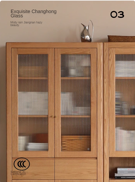 Oak solid wood bookcase with glass door