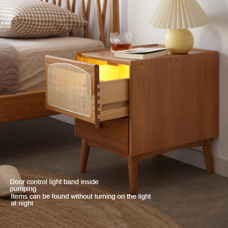 Nightstand Oak rattan solid wood with light-