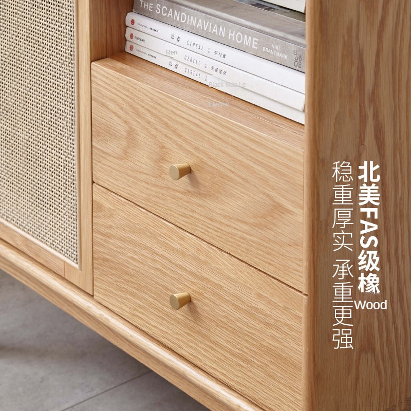 Oak Solid Wood rattan Wide Side Cabinet -
