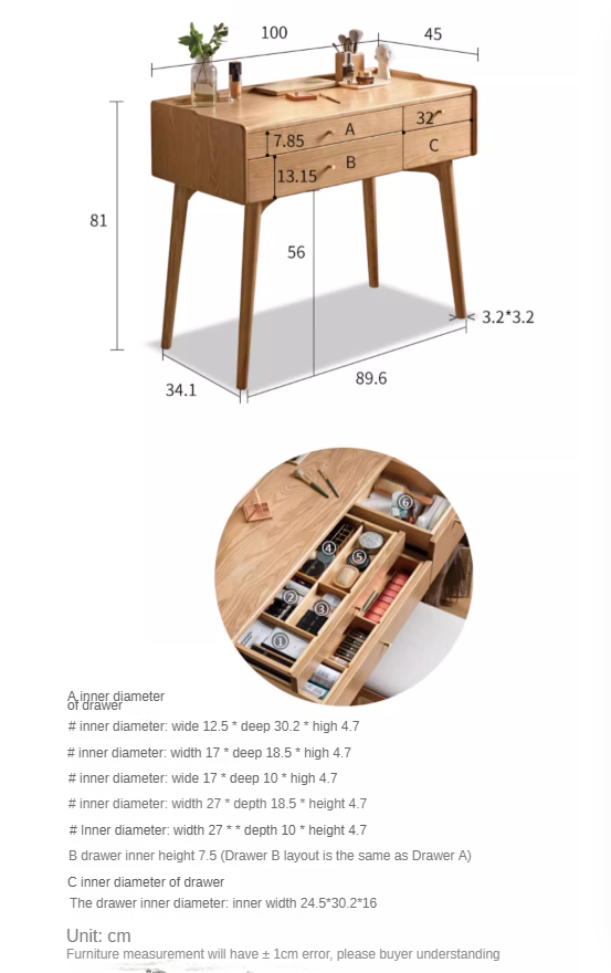 Ash wood dressing table LED makeup mirror