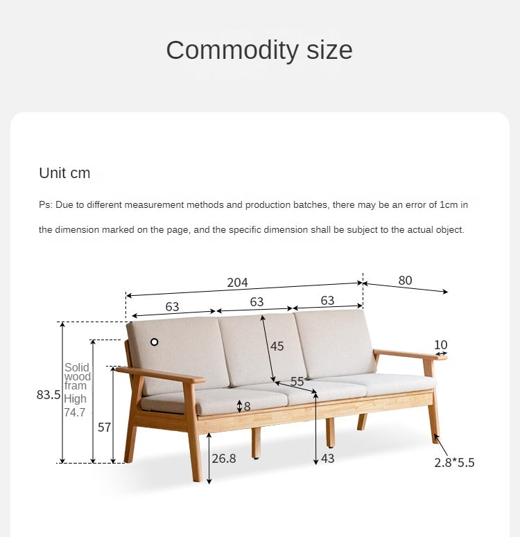 Pine Solid Wood Three Seat Rubber Wood Straight Sofa