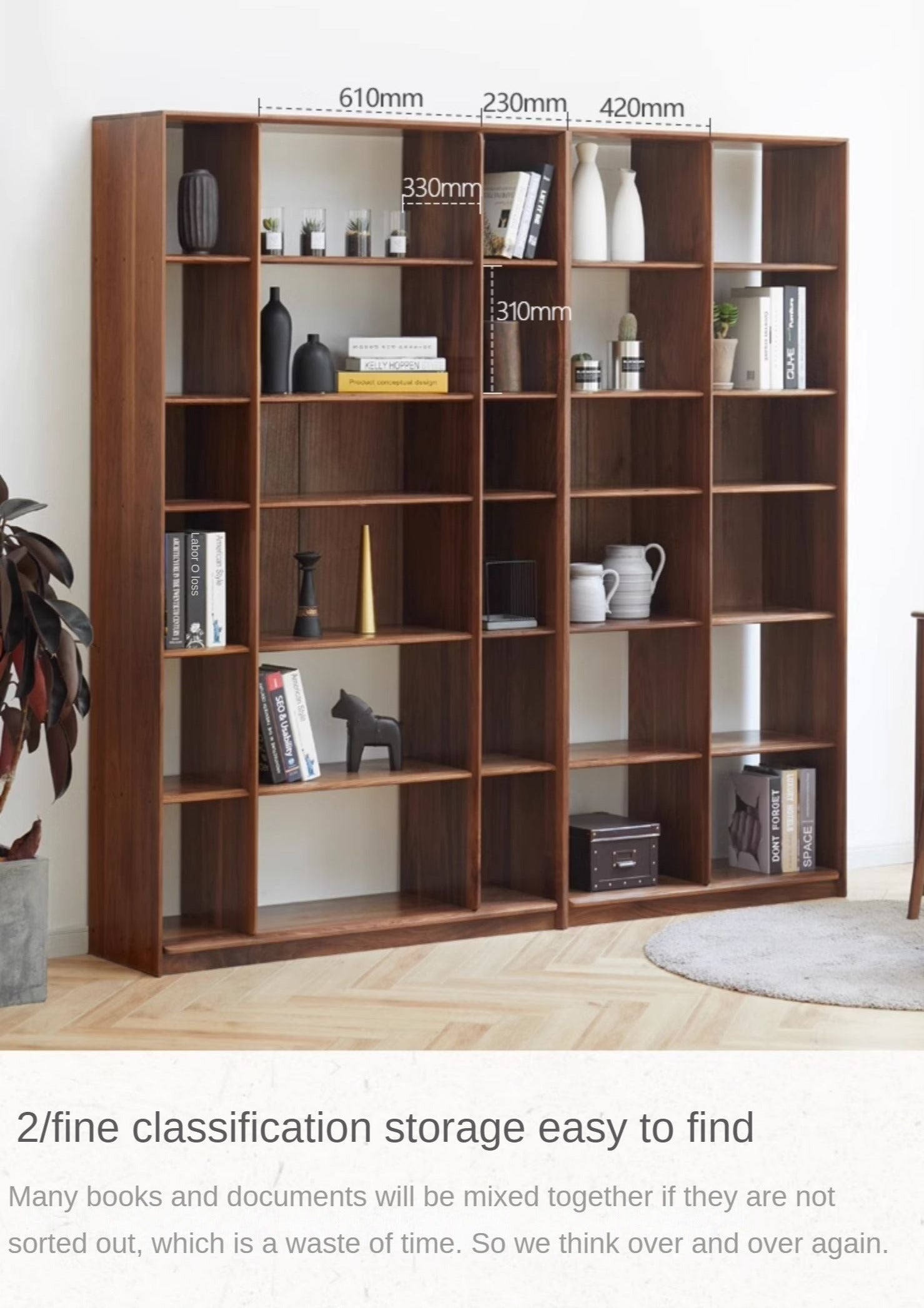 Black walnut solid wood wide bookcase floor bookcase multi-layer bookshelf<