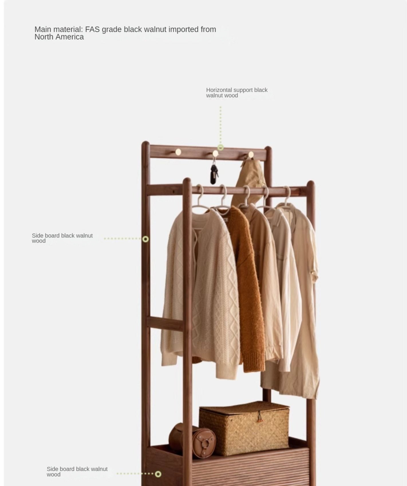 Black Walnut Solid Wood Floor to Floor Clothes Storage Rack<