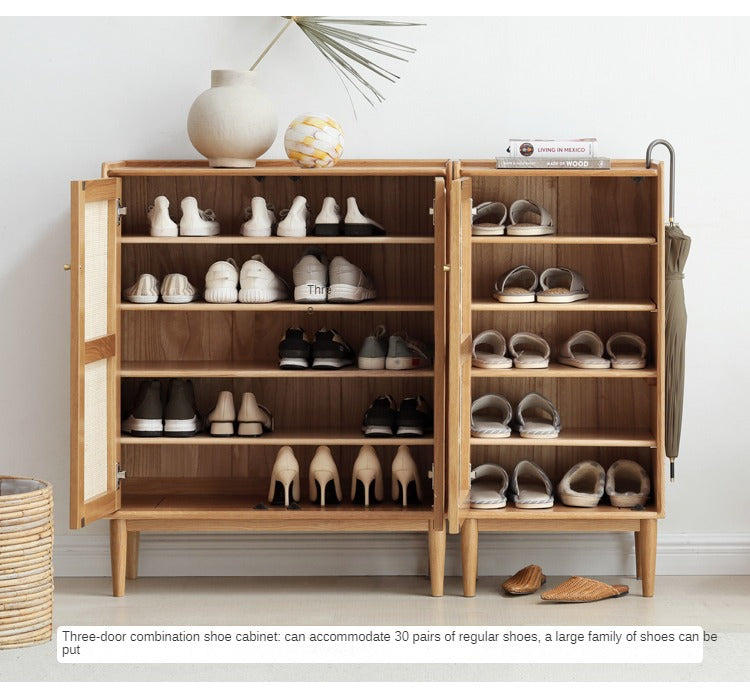 Oak Solid Wood Shoe Cabinet Storage Rattan