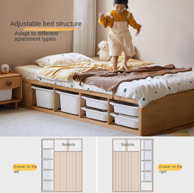 Oak Solid Wood Children's Box Platform Bed, Headboard-Free Bed