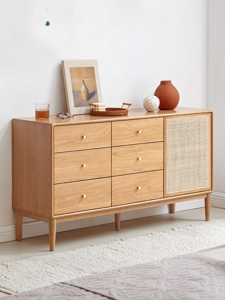 Oak solid wood six-drawer rattan storage cabinet+