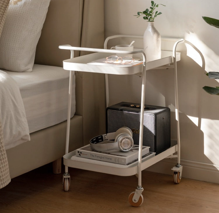 Double Layer Storage Mobile Side Table White Trolley