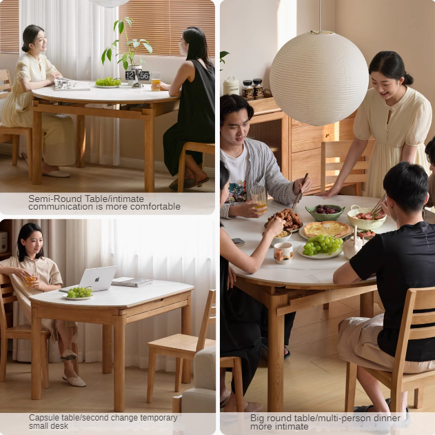 Ash solid wood retractable rock plate dining table