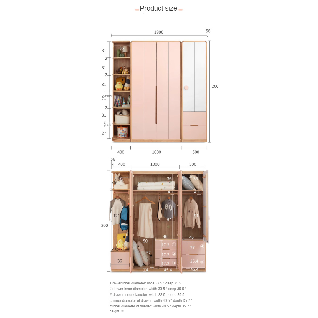 Beech Solid Wood Children's Wardrobe Cabinet