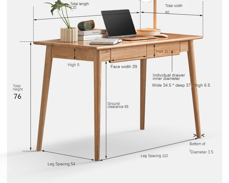 Oak Solid Wood Office Desk Spindle-Shaped Slanted Legs