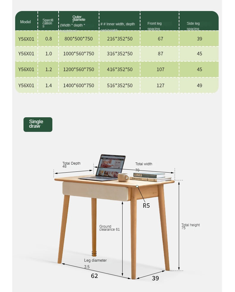 Beech solid wood office desk with drawer